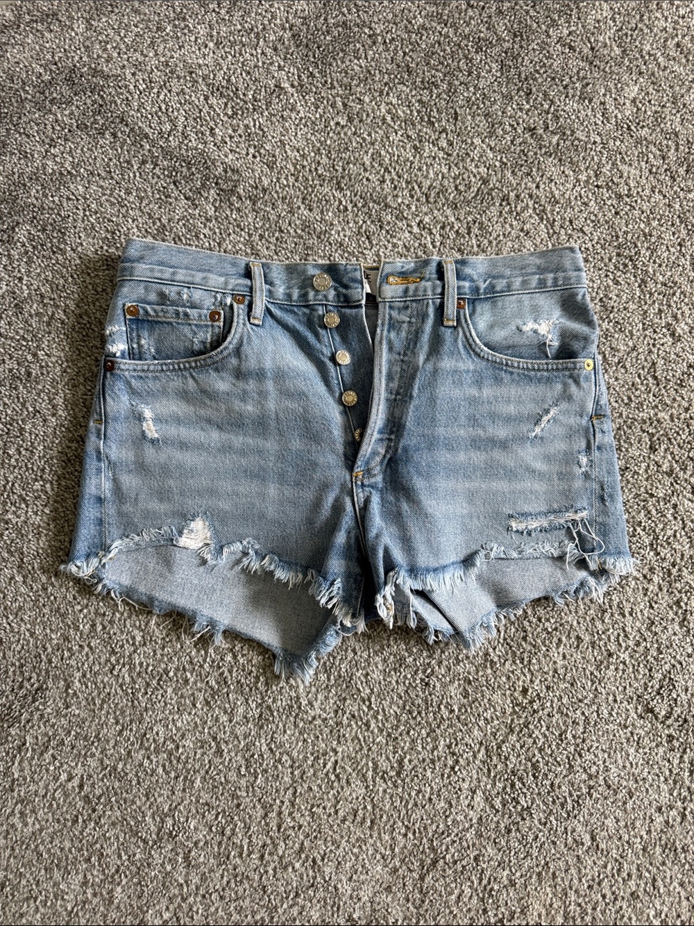 Agolde Light Wash Distressed Button-Front Denim Shorts
